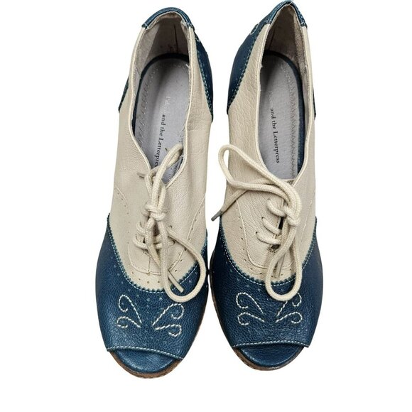 Anthropologie Pilcro Letterpress Leather Peep Toe Brighton Oxford Wedges Retro 8 - Picture 2 of 14